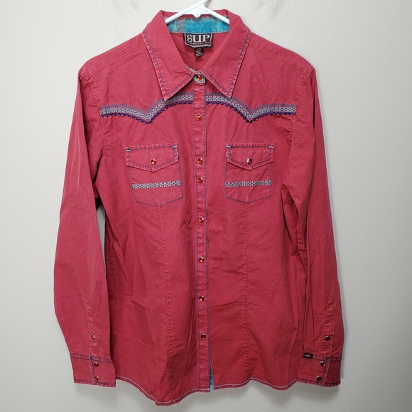 Cowgirl Up Tops - Western Long Sleeve Snap Womens Shirt L Large Cowboy Cowgirl Red Embroidered